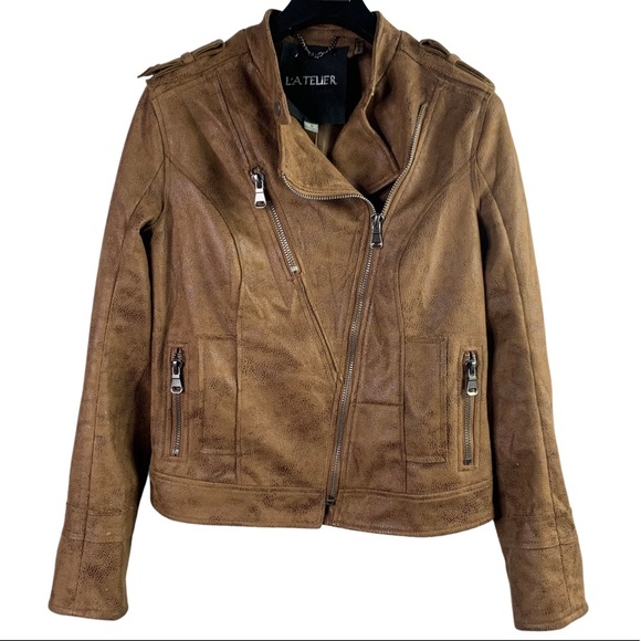 L’atelier Faux Suede Brown Moto Biker Asymmetrical Zip Long Sleeve Jacket Medium - Picture 14 of 14